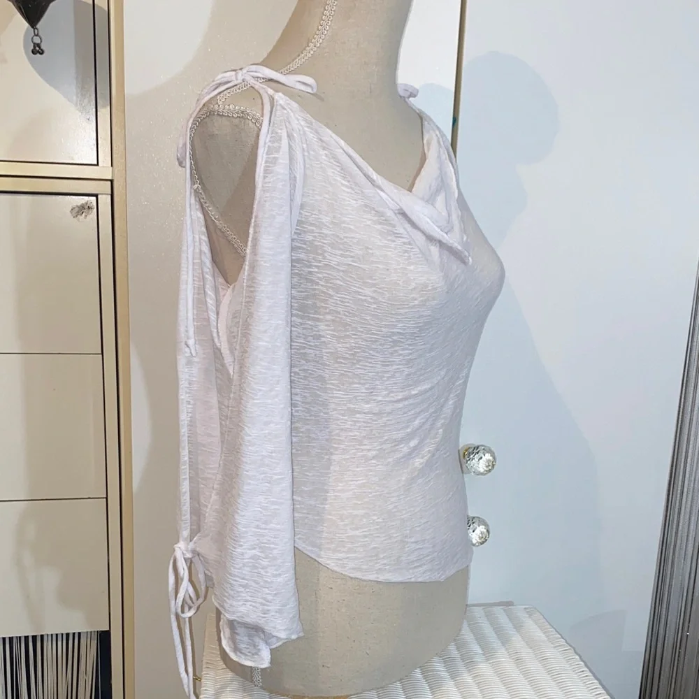 Vintage White Women's Cut Out Blouse with Draped Neckline - Picture 10 of 17